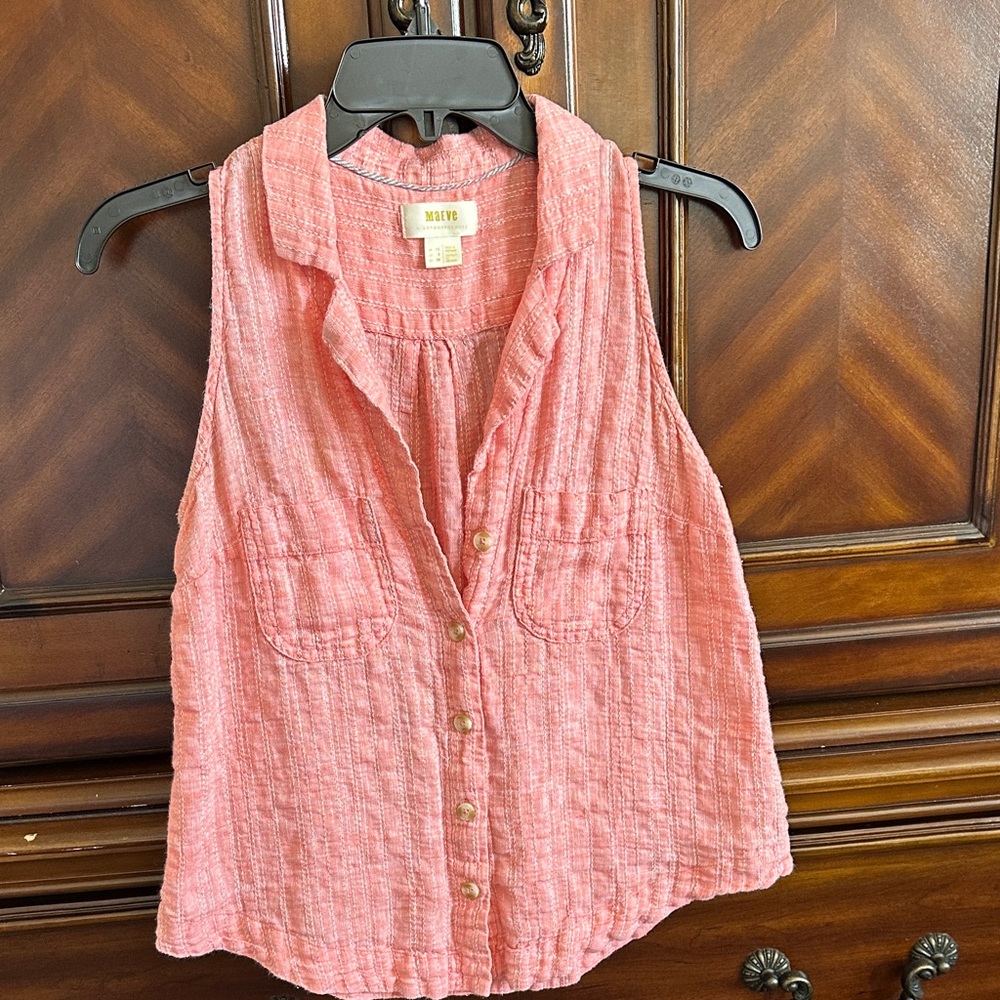 Maeve Pink Gauze Button-Front Sleeveless Blouse
